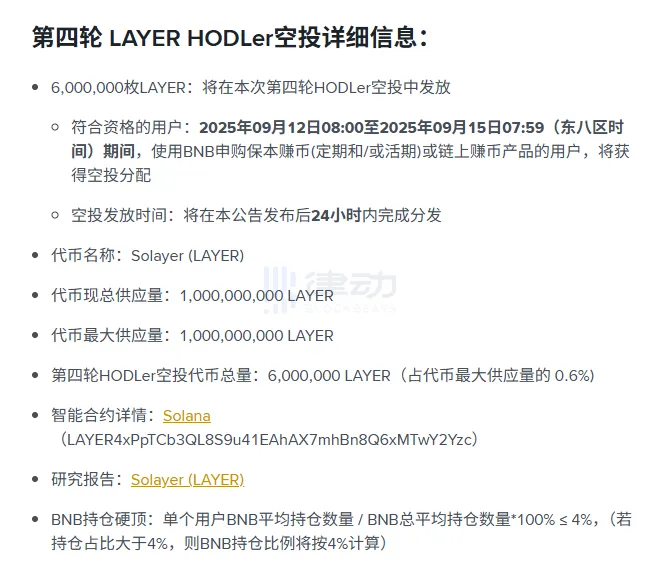 Binance推出Solayer (LAYER)第四轮HODLer空投