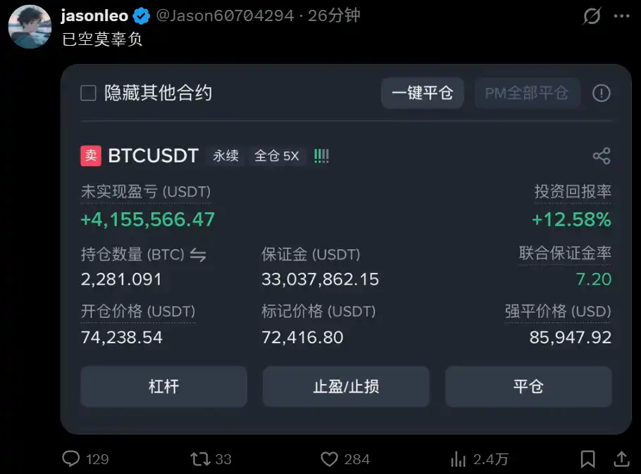 巨鲸「先定10个大目标」晒出1.69亿美元空单，浮盈415.5万美元